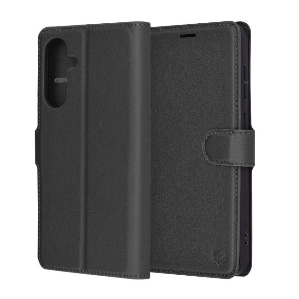 Husa pentru Samsung Galaxy A56 5G, SKYDDAR INNOVATION, Leather Wallet, tip Carte, cu Portofel Interior, Finisaje Premium, Negru, set cu sticker