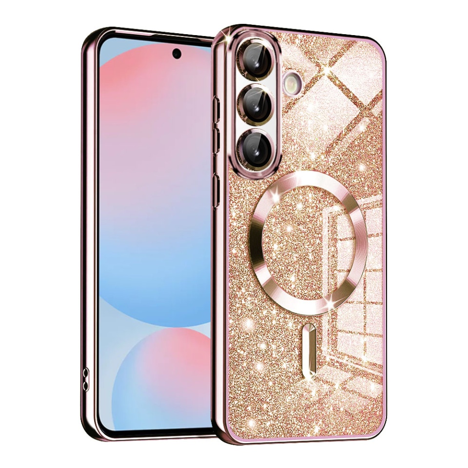 Husa pentru Samsung Galaxy A56 5G, SKYDDAR INNOVATION, Luxury Glitter Magsafe, Antisoc, Fundal Detasabil 2-in-1, Margini Ridicate, set cu sticker, Roz auriu