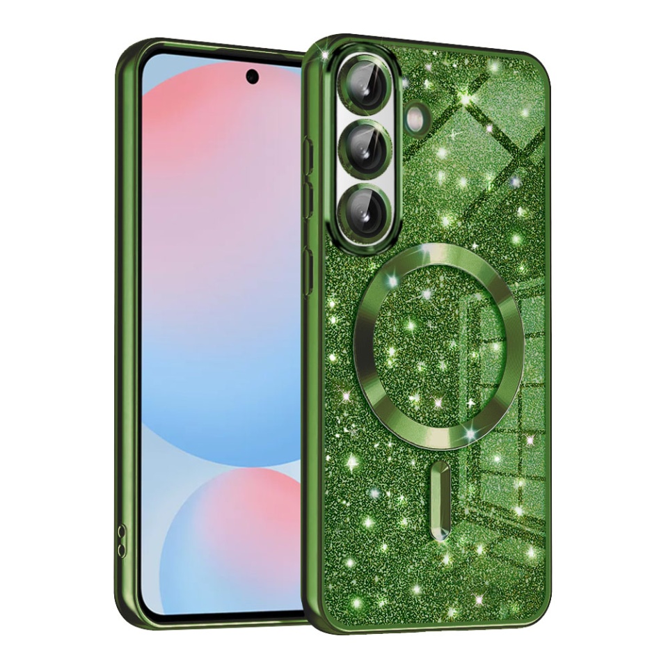 Husa pentru Samsung Galaxy A56 5G, SKYDDAR INNOVATION, Luxury Glitter Magsafe, Antisoc, Fundal Detasabil 2-in-1, Margini Ridicate, set cu sticker, Verde