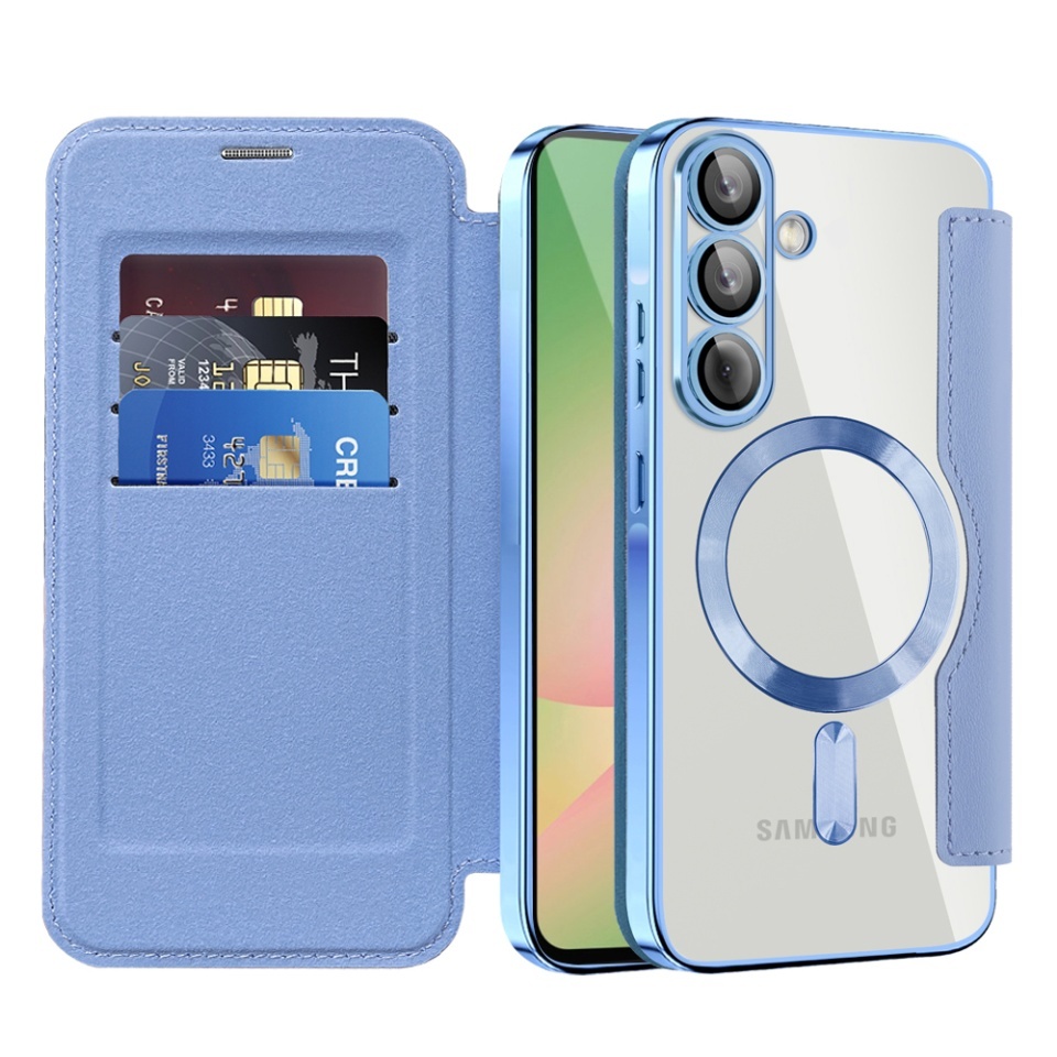Husa pentru Samsung Galaxy A56 5G tip carte, SKYDDAR INOVATION, SmartMag Book, Magsafe, RFiD, Suport Carduri, set cu sticker, Bleu