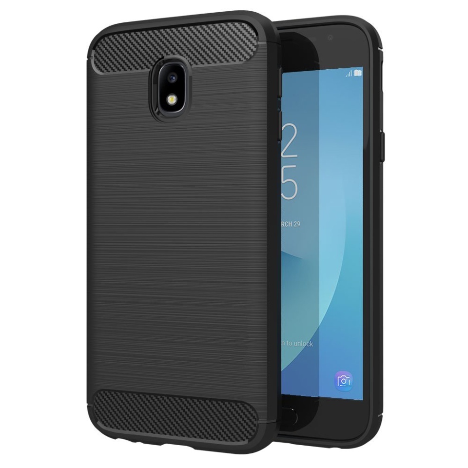 Husa pentru Samsung Galaxy J3 2017 J330, Galaxy J3 Pro 2017, SKYDDAR INNOVATION, Carbon Silicone, din Silicon Slim, cu textura Fibra Carbon, set cu sticker, Negru