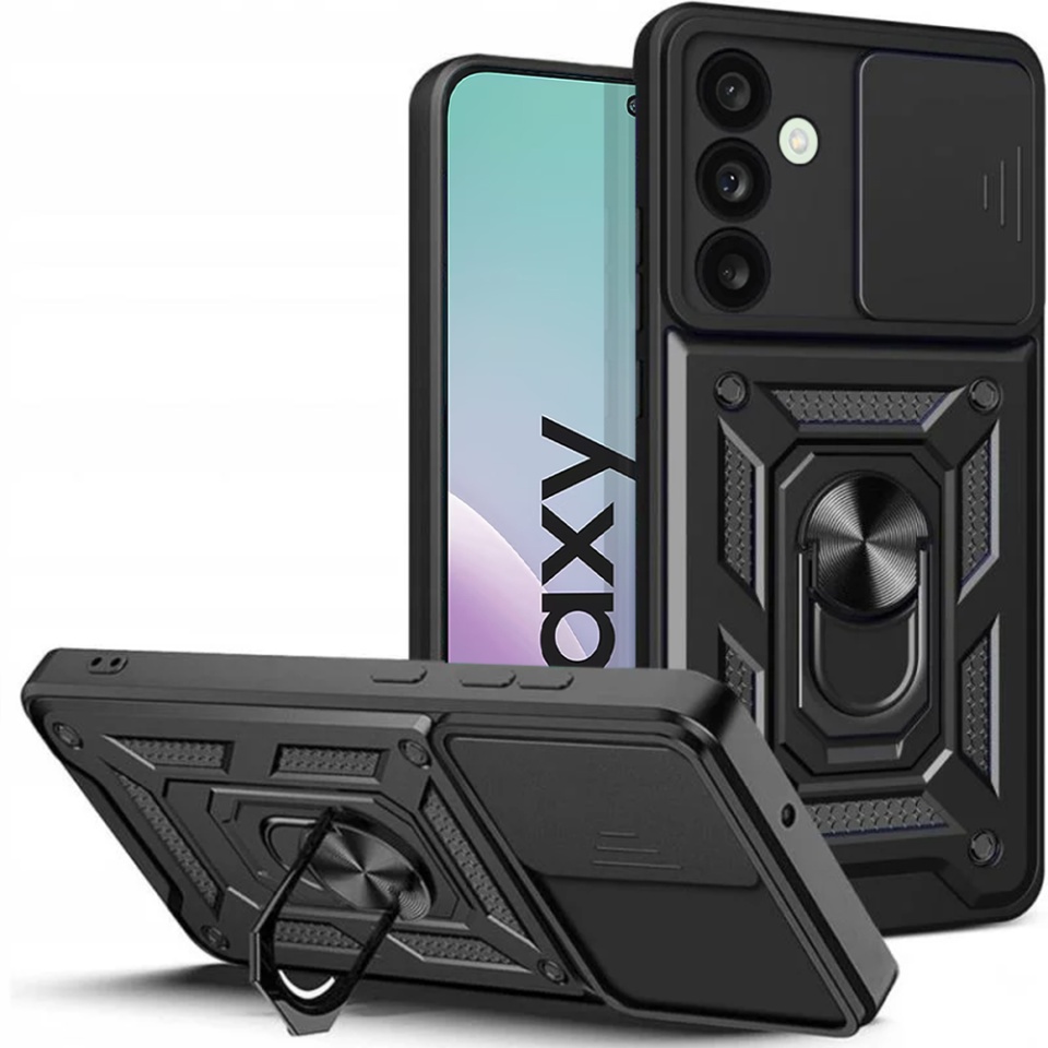 Husa pentru Samsung Galaxy M56, SKYDDAR INNOVATION, CamShield, Inel magnetic, set cu sticker, Negru