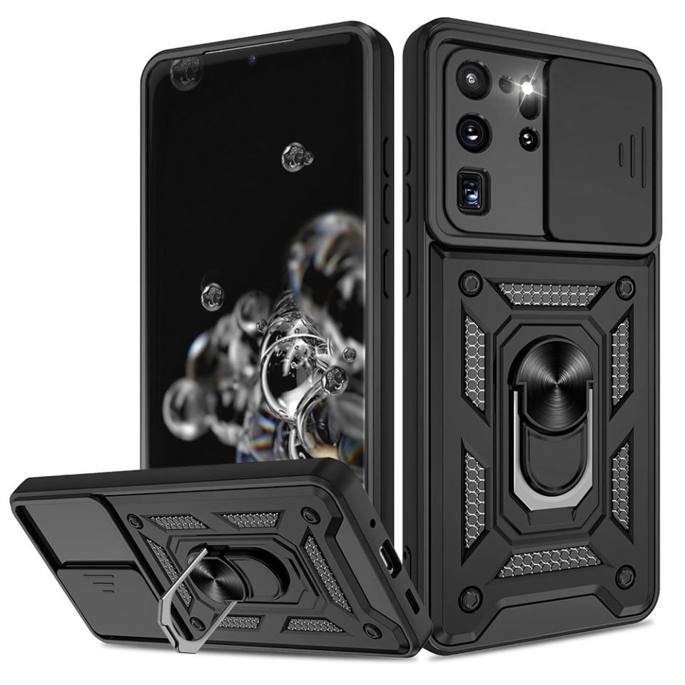 Husa pentru Samsung Galaxy S20 Ultra 5G / Galaxy S20 Ultra, SKYDDAR INNOVATION, CamShield, Inel magnetic, set cu sticker, Negru
