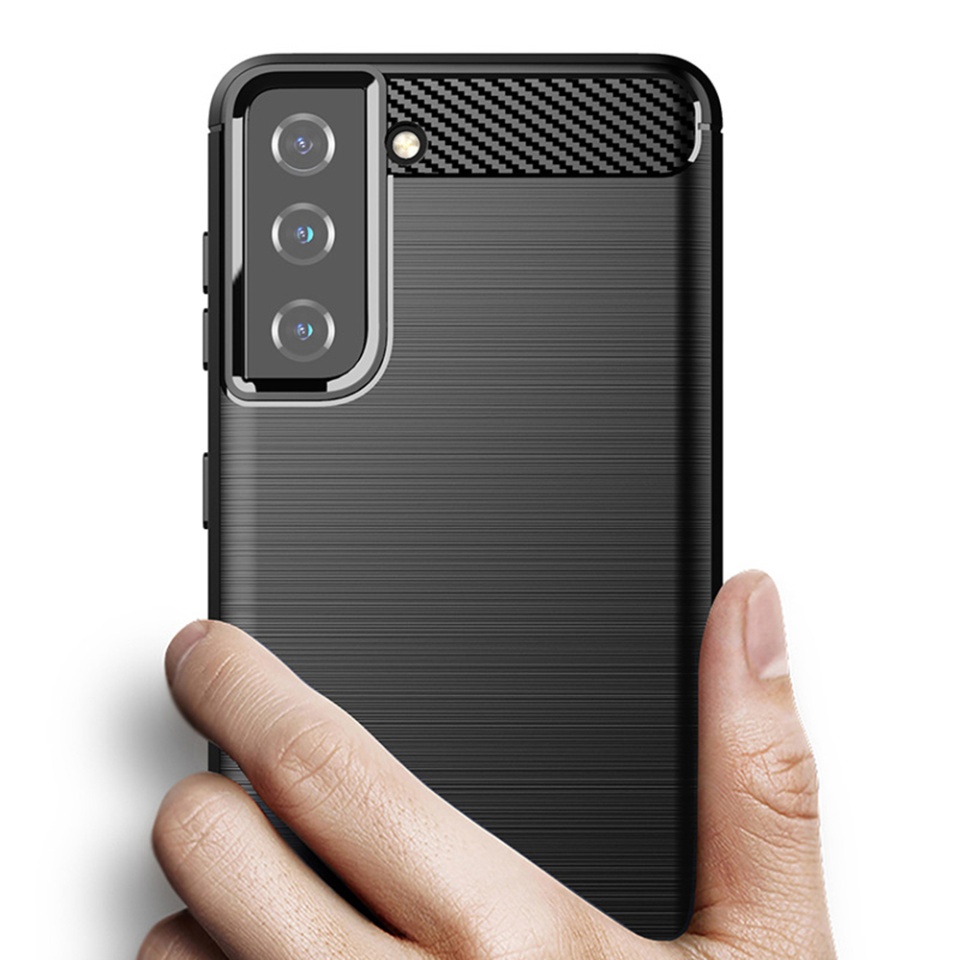 Husa pentru Samsung Galaxy S21 Plus 5G, SKYDDAR INNOVATION, Carbon Silicone, din Silicon Slim, cu textura Fibra Carbon, set cu sticker, Negru - 2 | YEO