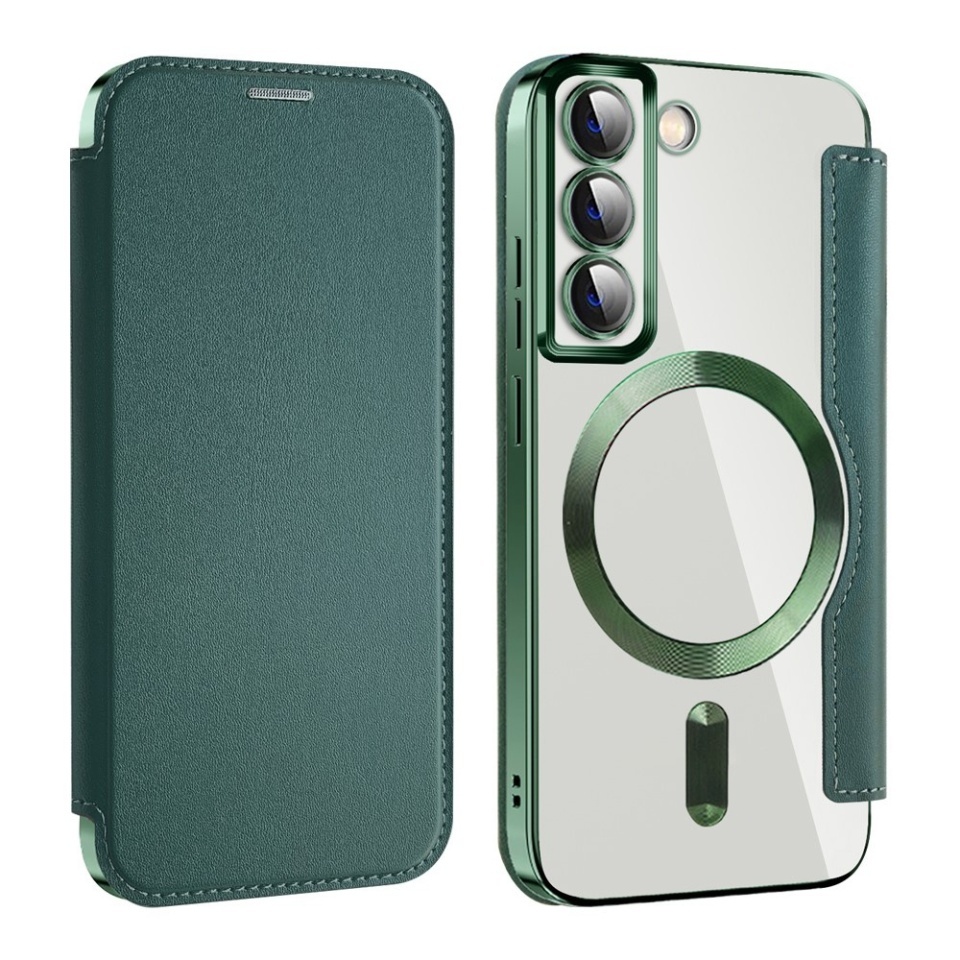 Husa pentru Samsung Galaxy S22 5G tip carte, SKYDDAR INOVATION, SmartMag Book, Magsafe, RFiD, Suport Carduri, set cu sticker, Verde - 1 | YEO