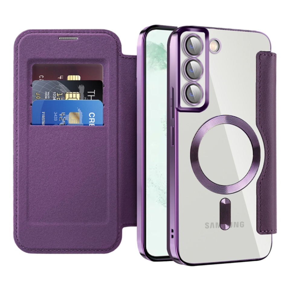 Husa pentru Samsung Galaxy S22 Plus 5G tip carte, SKYDDAR INOVATION, SmartMag Book, Magsafe, RFiD, Suport Carduri, set cu sticker, Mov