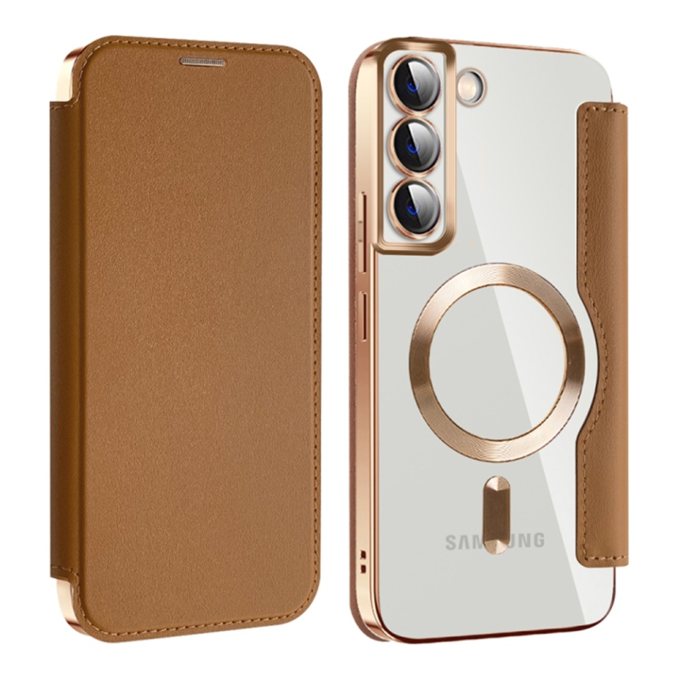 Husa pentru Samsung Galaxy S22 Plus 5G tip carte, SKYDDAR INOVATION, SmartMag Book, Magsafe, RFiD, Suport Carduri, set cu sticker, Maro - 1 | YEO