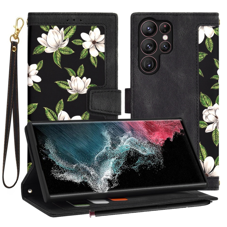 Husa pentru Samsung Galaxy S22 Ultra 5G din Piele Ecologică cu Design Floral, Protecție 360°, Stand Integrat, Buzunare pentru Carduri, SKDR Floral Wallet - Negru