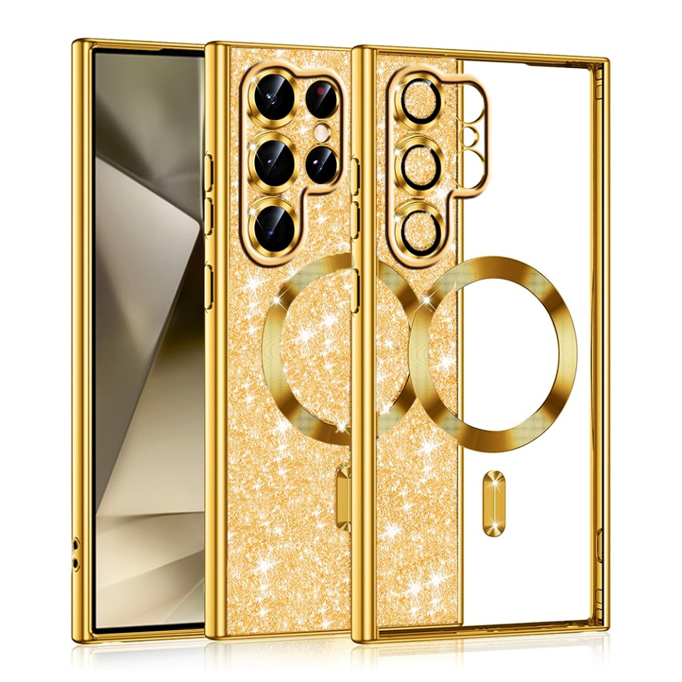 Husa pentru Samsung Galaxy S22 Ultra 5G, SKYDDAR INNOVATION, Luxury Glitter Magsafe, Antisoc, Fundal Detasabil 2-in-1, Margini Ridicate, set cu sticker, Auriu