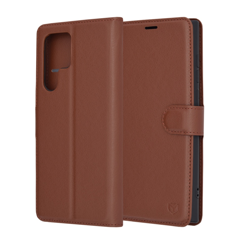 Husa pentru Samsung Galaxy S22 Ultra 5G tip Carte, cu Portofel Interior, Finisaje Premium, SKYDDAR Leather Wallet - Maro