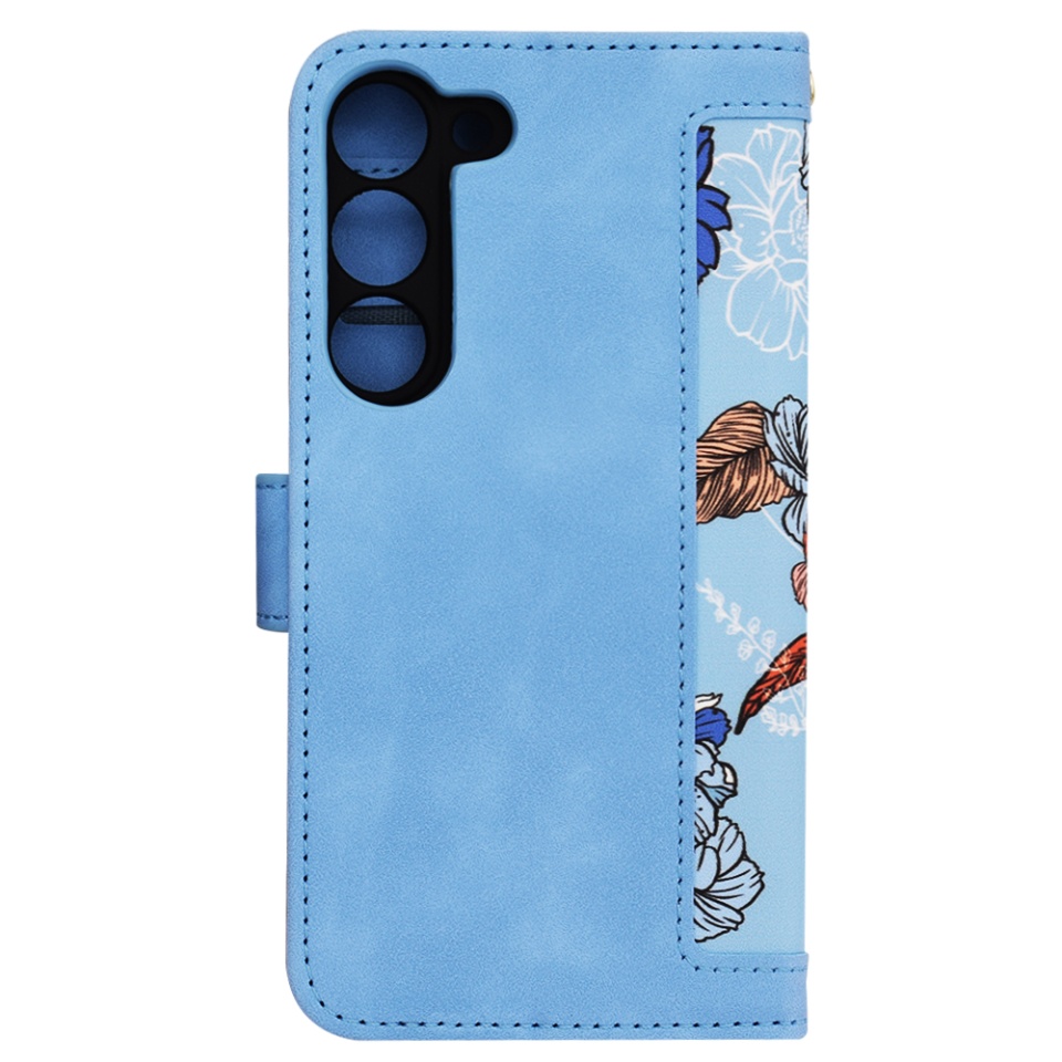 Husa pentru Samsung Galaxy S23 din Piele Ecologică cu Design Floral, Protecție 360°, Stand Integrat, Buzunare pentru Carduri, SKDR Floral Wallet - Bleu - 2 | YEO