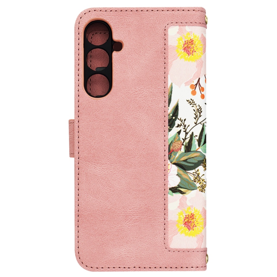 Husa pentru Samsung Galaxy S23 FE din Piele Ecologică cu Design Floral, Protecție 360°, Stand Integrat, Buzunare pentru Carduri, SKDR Floral Wallet - Roz - 3 | YEO