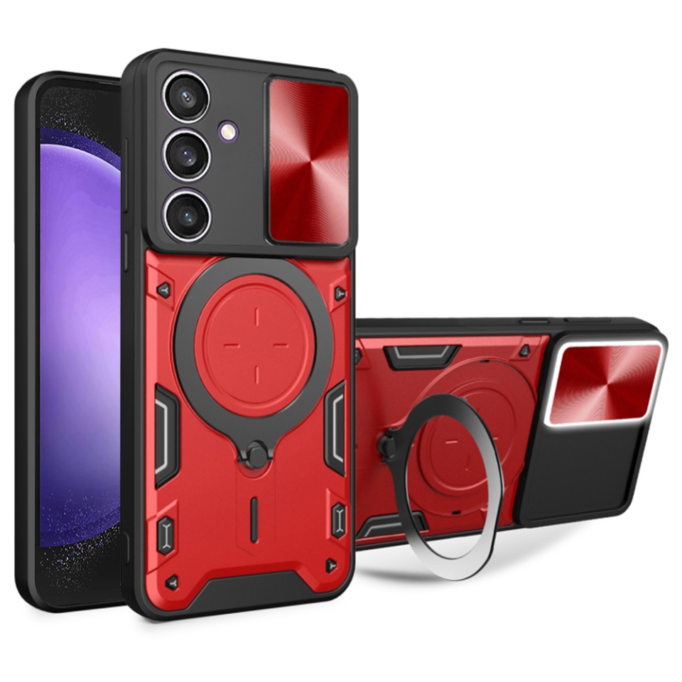 Husa pentru Samsung Galaxy S23 FE, SKYDDAR INNOVATION, CamGuard Pro, Inel Magnetic, Protectie Camera, set cu sticker, Rosu