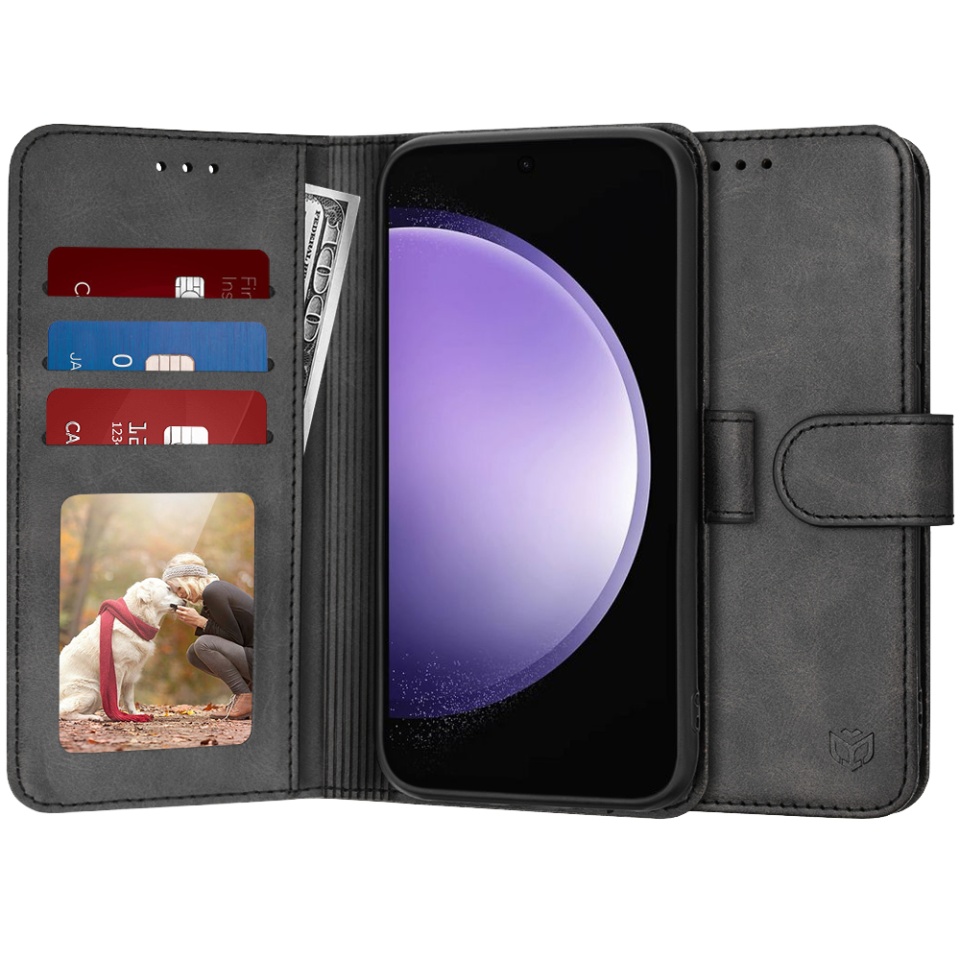 Husa pentru Samsung Galaxy S23 FE, SKYDDAR INNOVATION, Diary Book, tip carte, cu Portofel Interior, Antisoc, Negru, set cu sticker