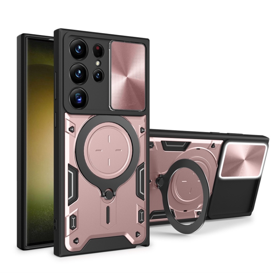 Husa pentru Samsung Galaxy S23 Ultra, SKYDDAR INNOVATION, CamGuard Pro, Inel Magnetic, Protectie Camera, set cu sticker, Roz auriu