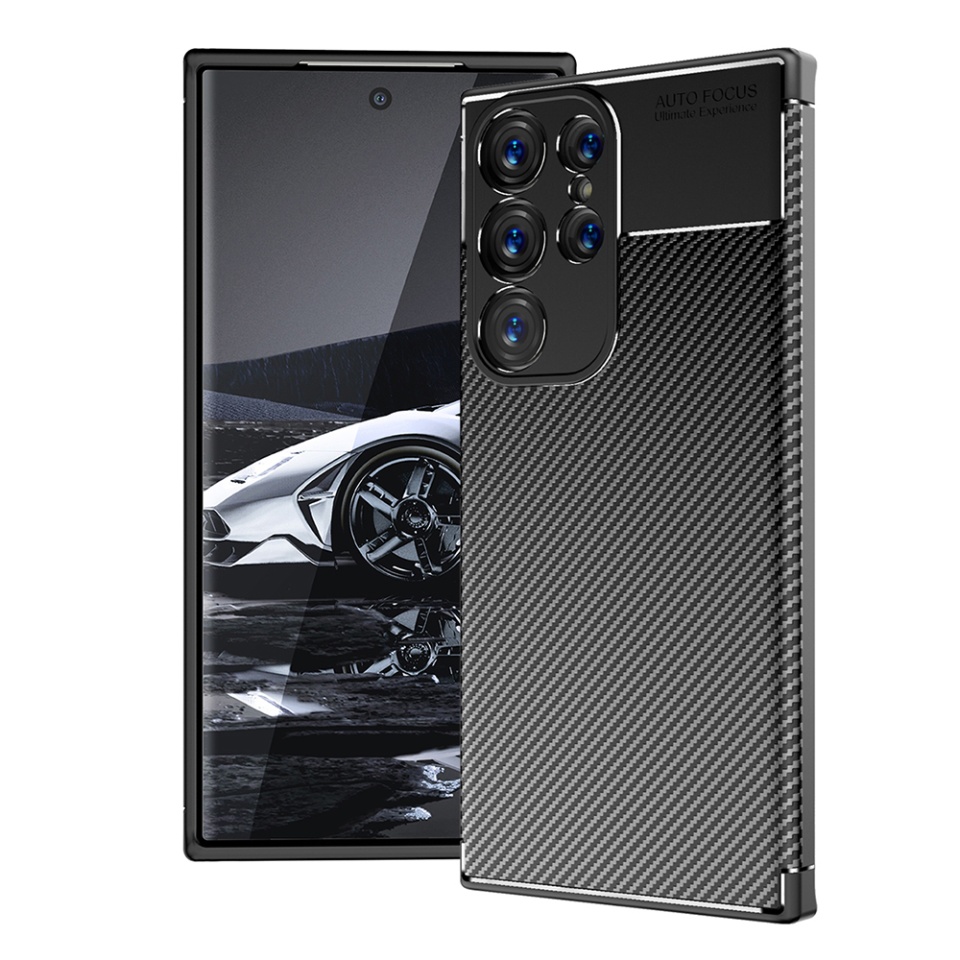 Husa pentru Samsung Galaxy S23 Ultra, SKYDDAR INNOVATION, CarbonFiber, Antisoc, Negru, set cu sticker