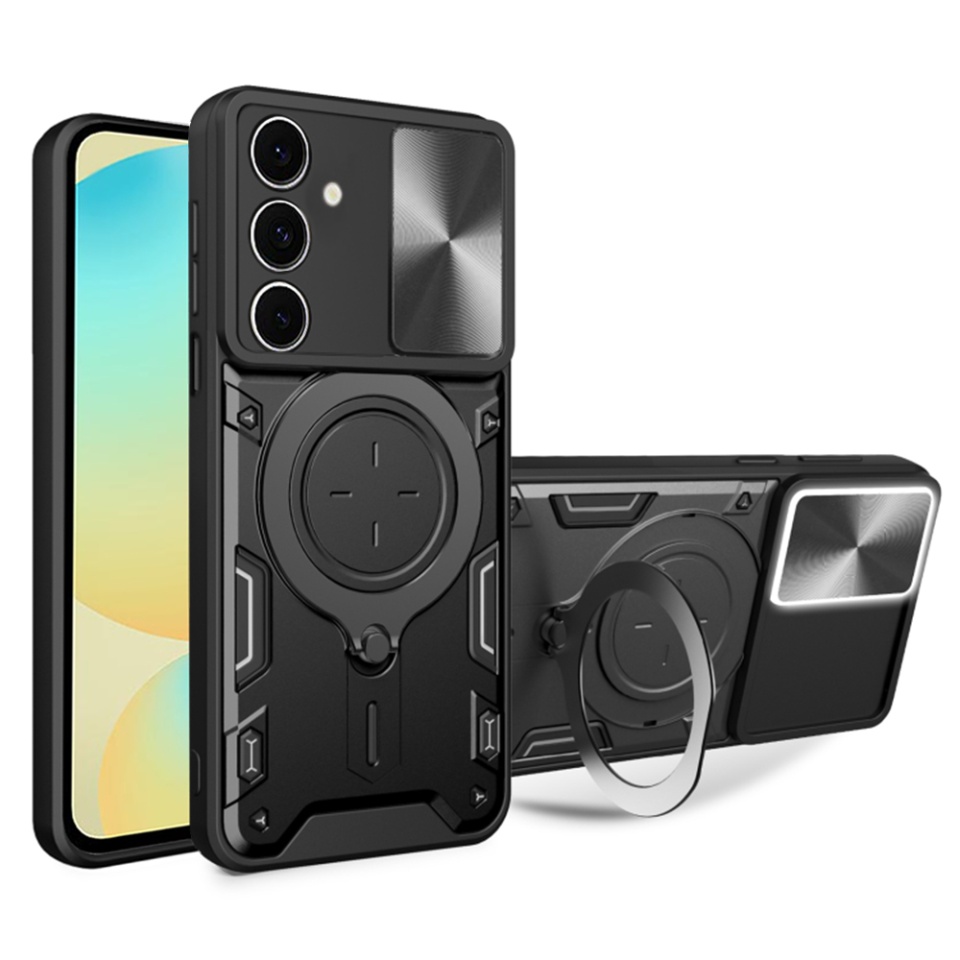 Husa pentru Samsung Galaxy S24 FE, cu inel magnetic si suport ajustabil, protectie completa camera, SKDR SafeCover - Negru