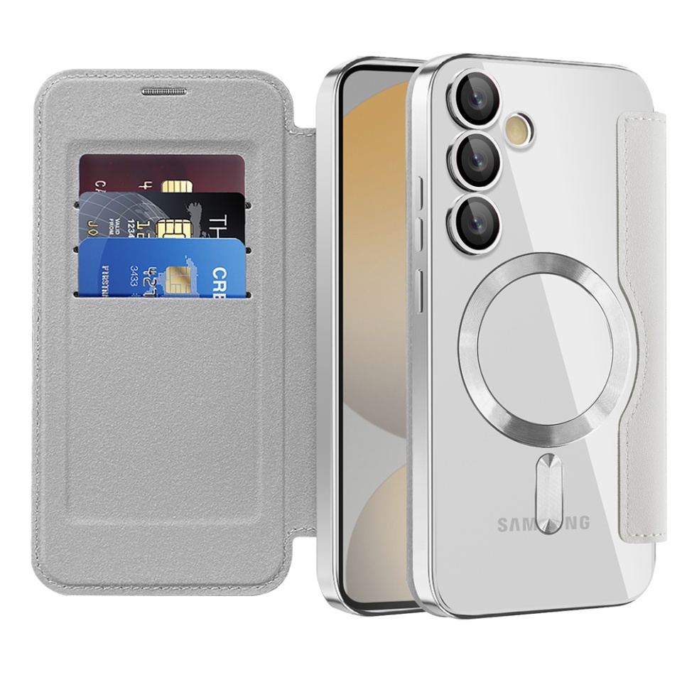 Husa pentru Samsung Galaxy S24 FE tip carte, SKYDDAR INOVATION, SmartMag Book, Magsafe, RFiD, Suport Carduri, set cu sticker, Gri