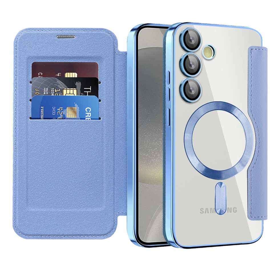 Husa pentru Samsung Galaxy S24 Plus tip carte, SKYDDAR INOVATION, SmartMag Book, Magsafe, RFiD, Suport Carduri, set cu sticker, Bleu