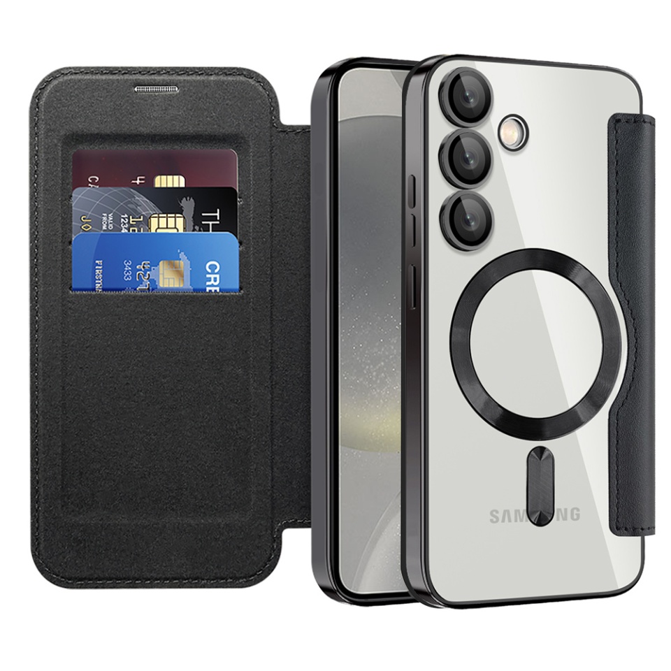 Husa pentru Samsung Galaxy S24 Plus tip carte, SKYDDAR INOVATION, SmartMag Book, Magsafe, RFiD, Suport Carduri, set cu sticker, Negru