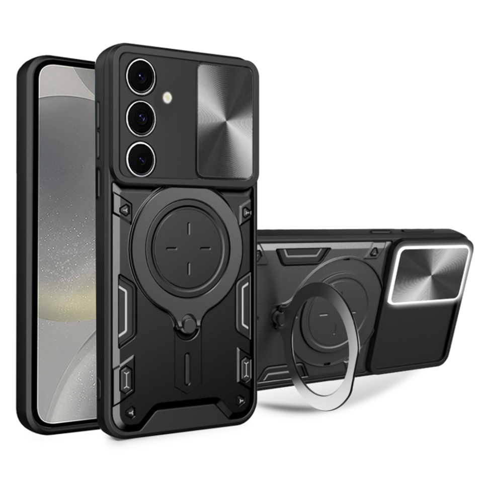 Husa pentru Samsung Galaxy S24, SKYDDAR INNOVATION, CamGuard Pro, Inel Magnetic, Protectie Camera, set cu sticker, Negru