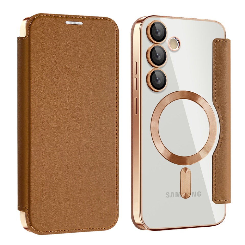Husa pentru Samsung Galaxy S24 tip carte, SKYDDAR INOVATION, SmartMag Book, Magsafe, RFiD, Suport Carduri, set cu sticker, Maro - 1 | YEO