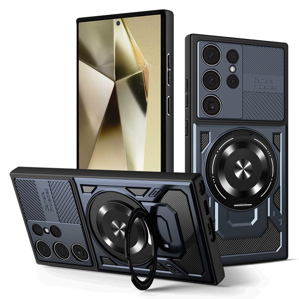 Husa pentru Samsung Galaxy S24 Ultra, SKYDDAR INNOVATION, RuggedCam, Inel magnetic antisoc, set cu sticker, Albastru