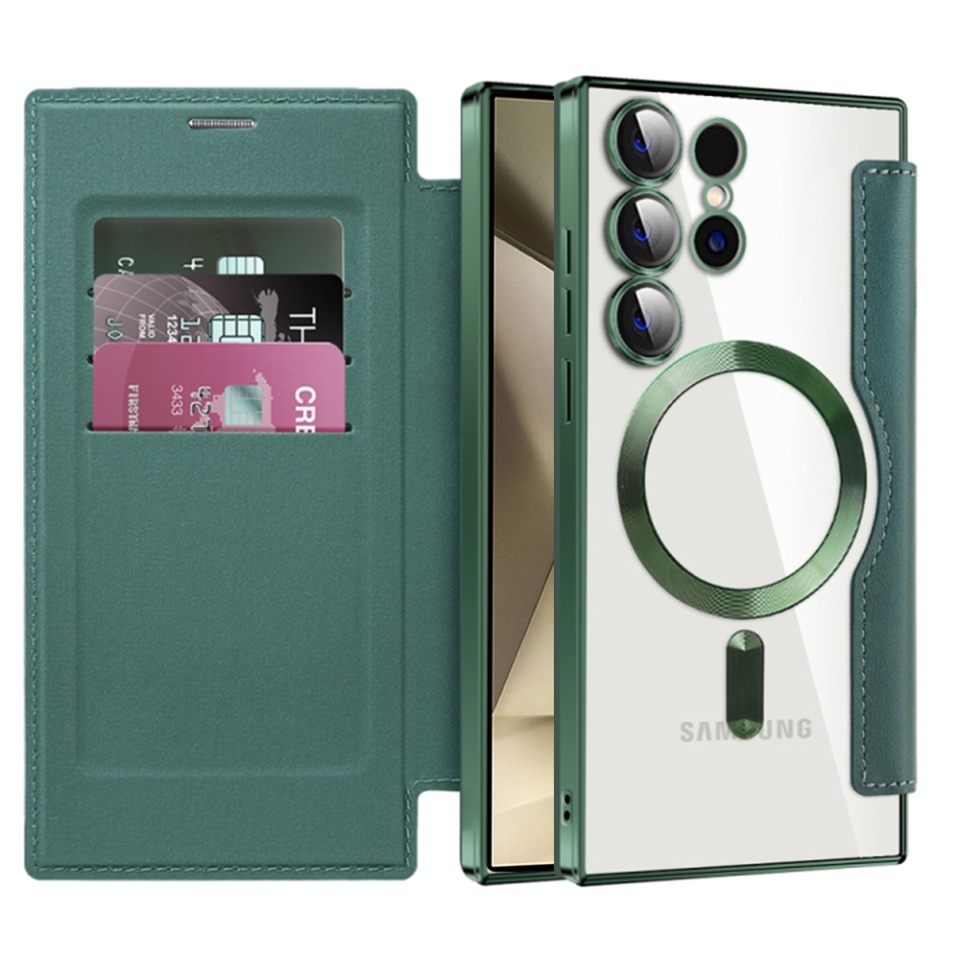 Husa pentru Samsung Galaxy S24 Ultra tip carte, SKYDDAR INOVATION, SmartMag Book, Magsafe, RFiD, Suport Carduri, set cu sticker, Verde