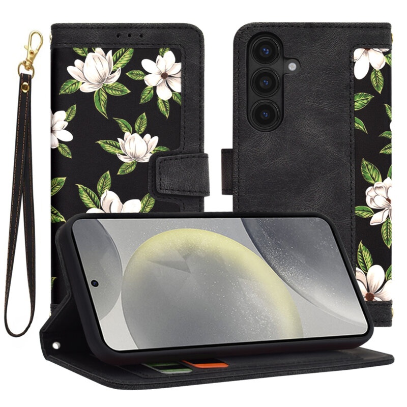 Husa pentru Samsung Galaxy S25 din Piele Ecologică cu Design Floral, Protecție 360°, Stand Integrat, Buzunare pentru Carduri, SKDR Floral Wallet - Negru