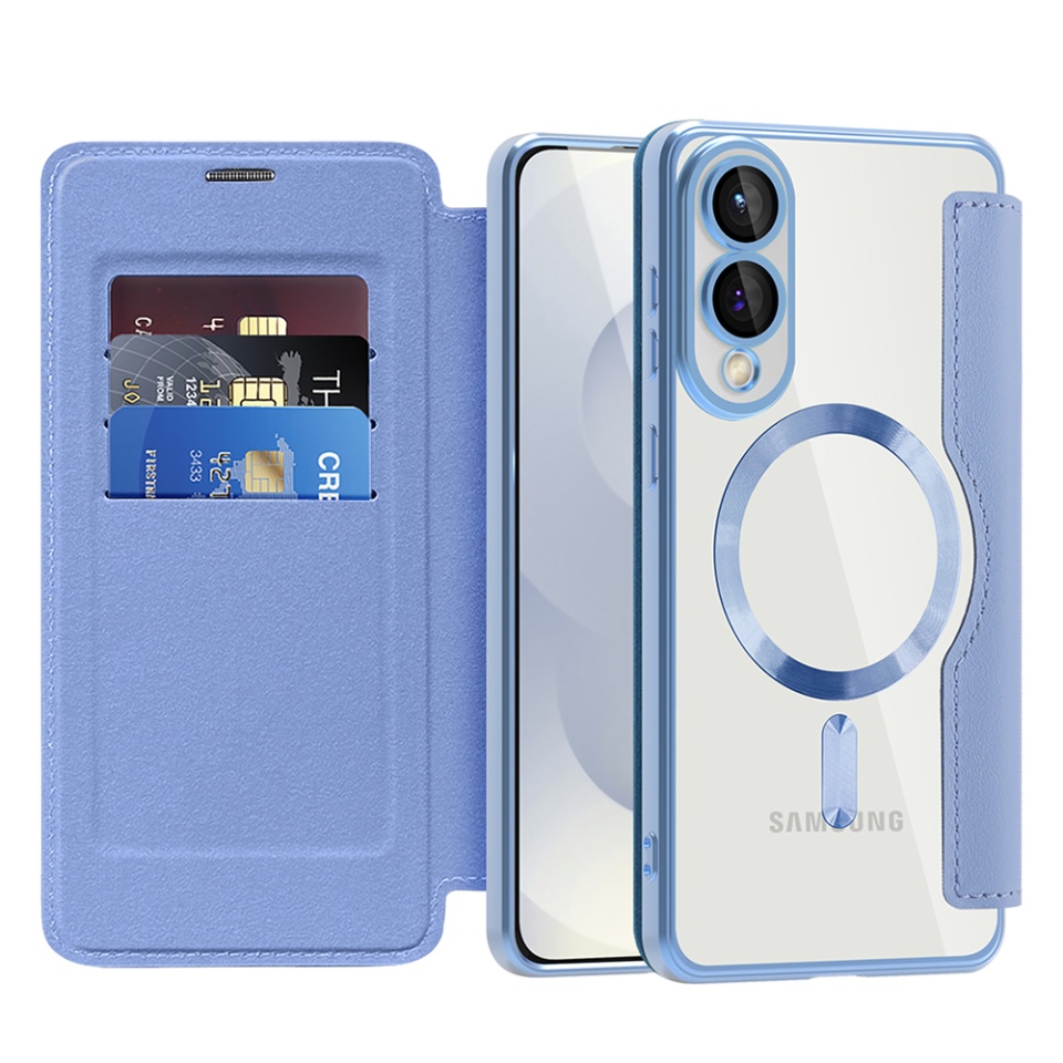 Husa pentru Samsung Galaxy S25 Edge tip carte, SKYDDAR INOVATION, SmartMag Book, Magsafe, RFiD, Suport Carduri, set cu sticker, Bleu