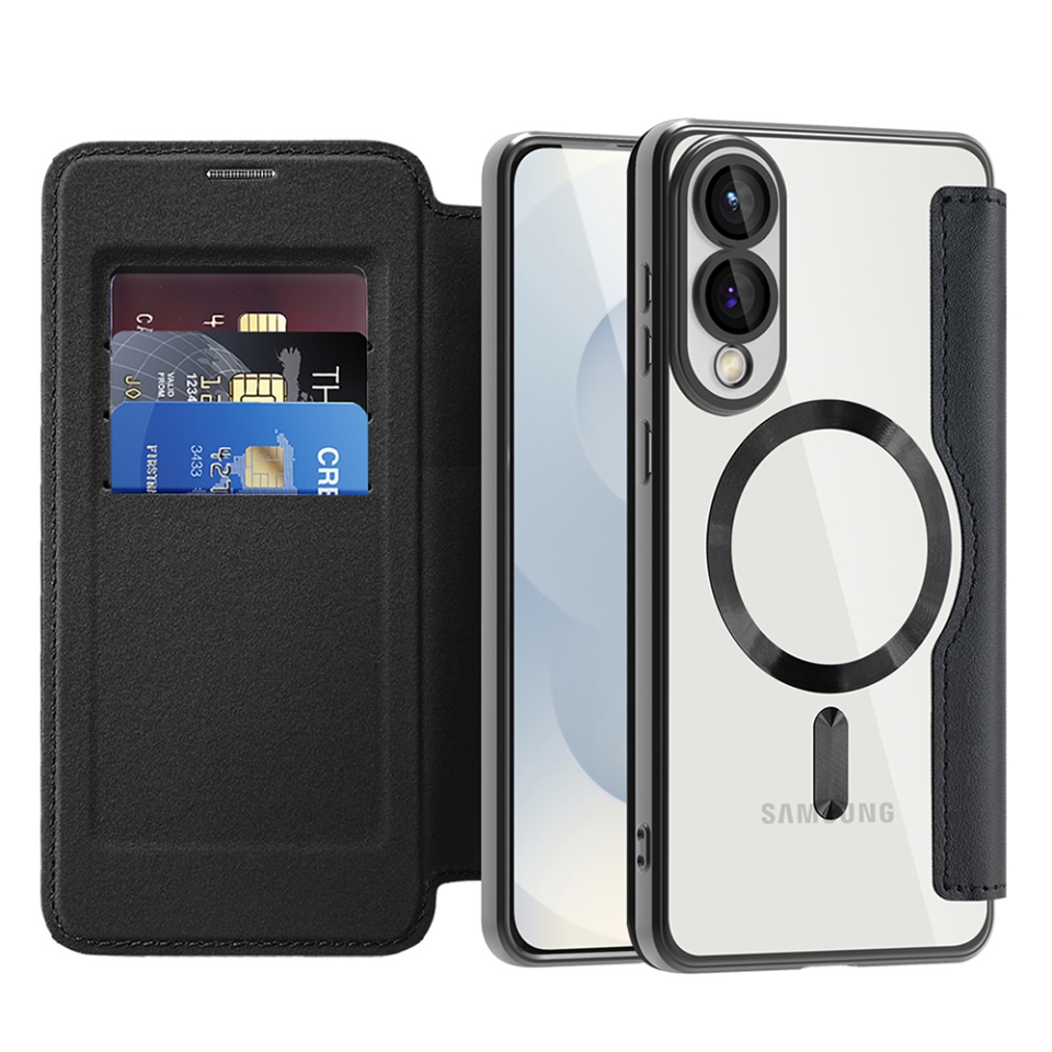 Husa pentru Samsung Galaxy S25 Edge tip carte, SKYDDAR INOVATION, SmartMag Book, Magsafe, RFiD, Suport Carduri, set cu sticker, Negru