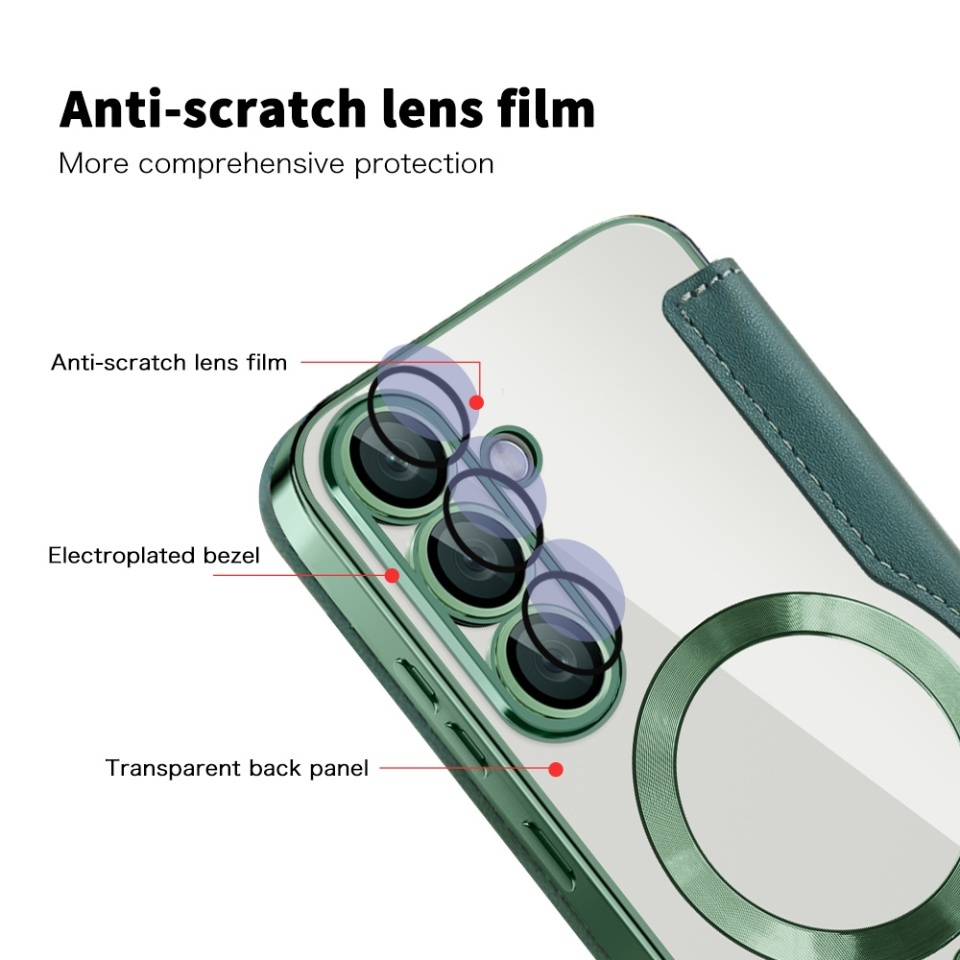 Husa pentru Samsung Galaxy S25 Plus tip carte, SKYDDAR INOVATION, SmartMag Book, Magsafe, RFiD, Suport Carduri, set cu sticker, Verde - 2 | YEO