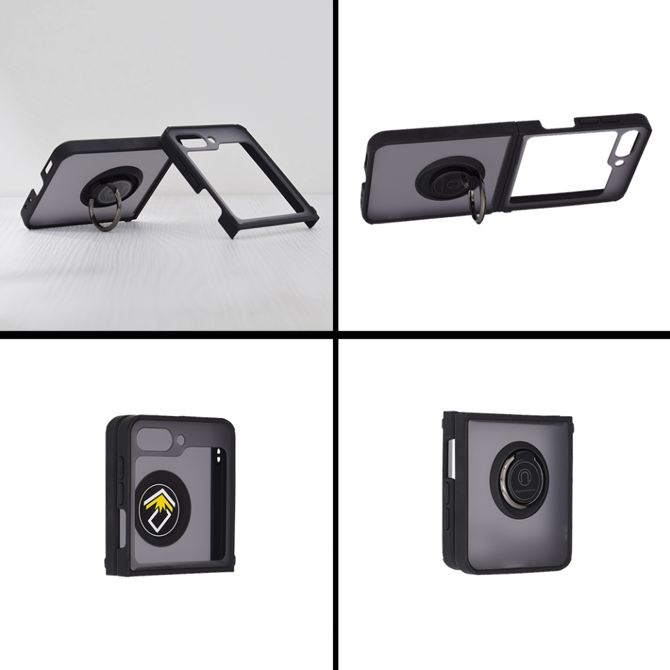 Husa pentru Samsung Galaxy Z Flip5, SKYDDAR INNOVATION, Glinth cu Inel Rotativ 360° Magnetic, Negru, set cu sticker - 1 | YEO
