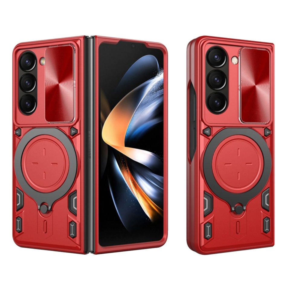 Husa pentru Samsung Galaxy Z Fold5, SKYDDAR INNOVATION, CamGuard Pro, Inel Magnetic, Protectie Camera, set cu sticker, Rosu