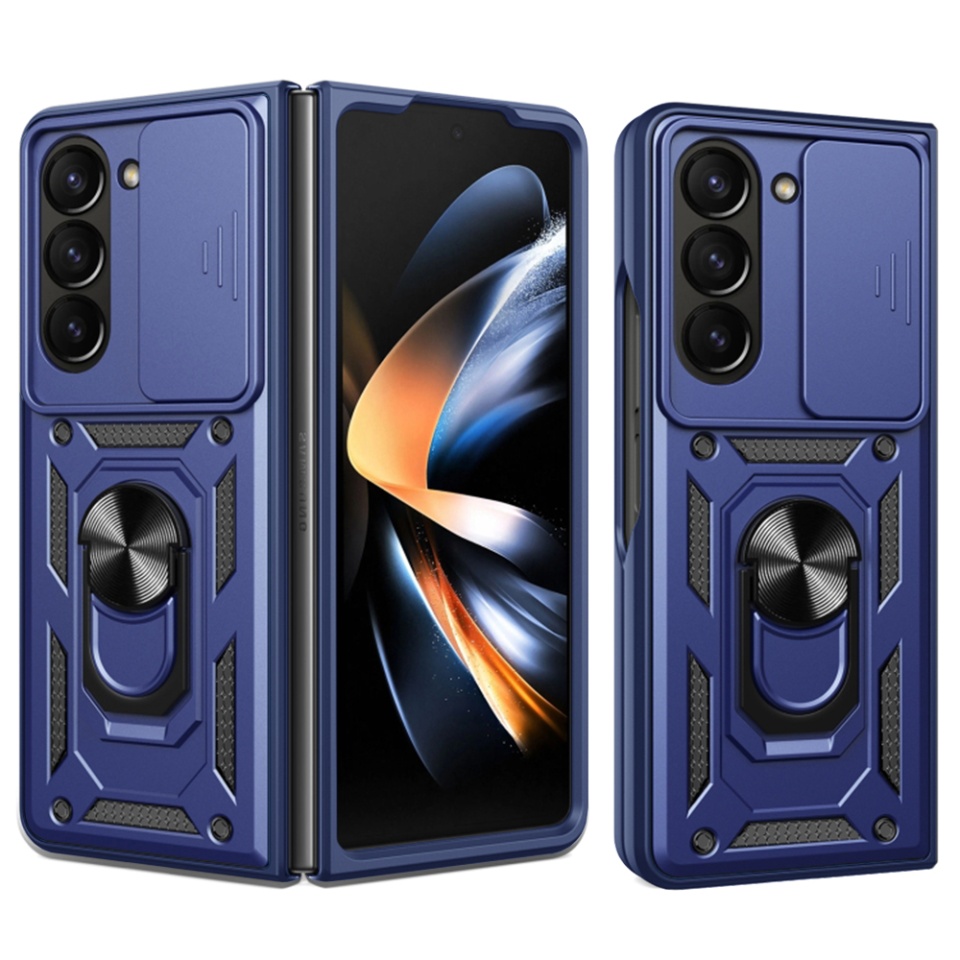 Husa pentru Samsung Galaxy Z Fold5, SKYDDAR INNOVATION, CamShield, Inel magnetic, set cu sticker, Albastru