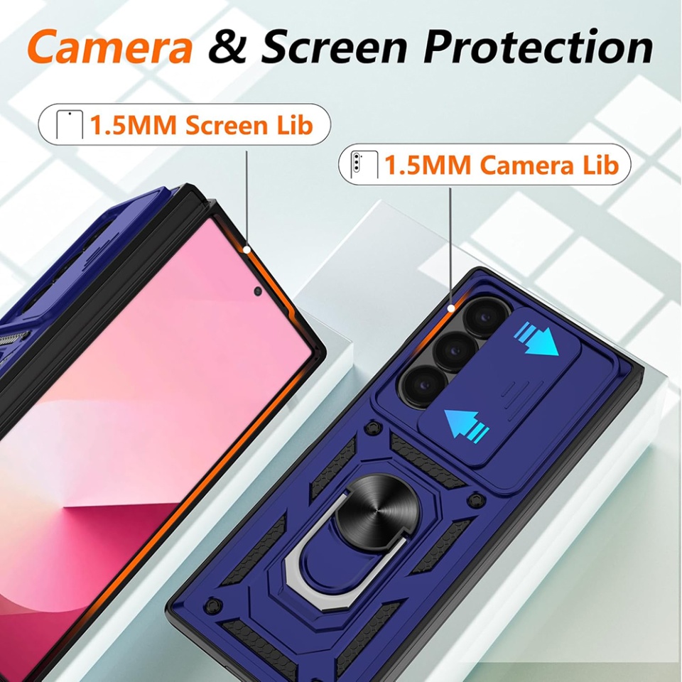 Husa pentru Samsung Galaxy Z Fold6, SKYDDAR INNOVATION, CamShield, Inel magnetic, set cu sticker, Albastru - 1 | YEO