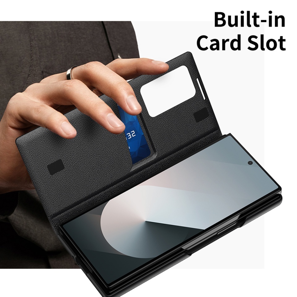 Husa pentru Samsung Galaxy Z Fold6 tip carte, Skyddar, cu portofel si SmartView, Premium, set cu sticker, Negru - 2 | YEO
