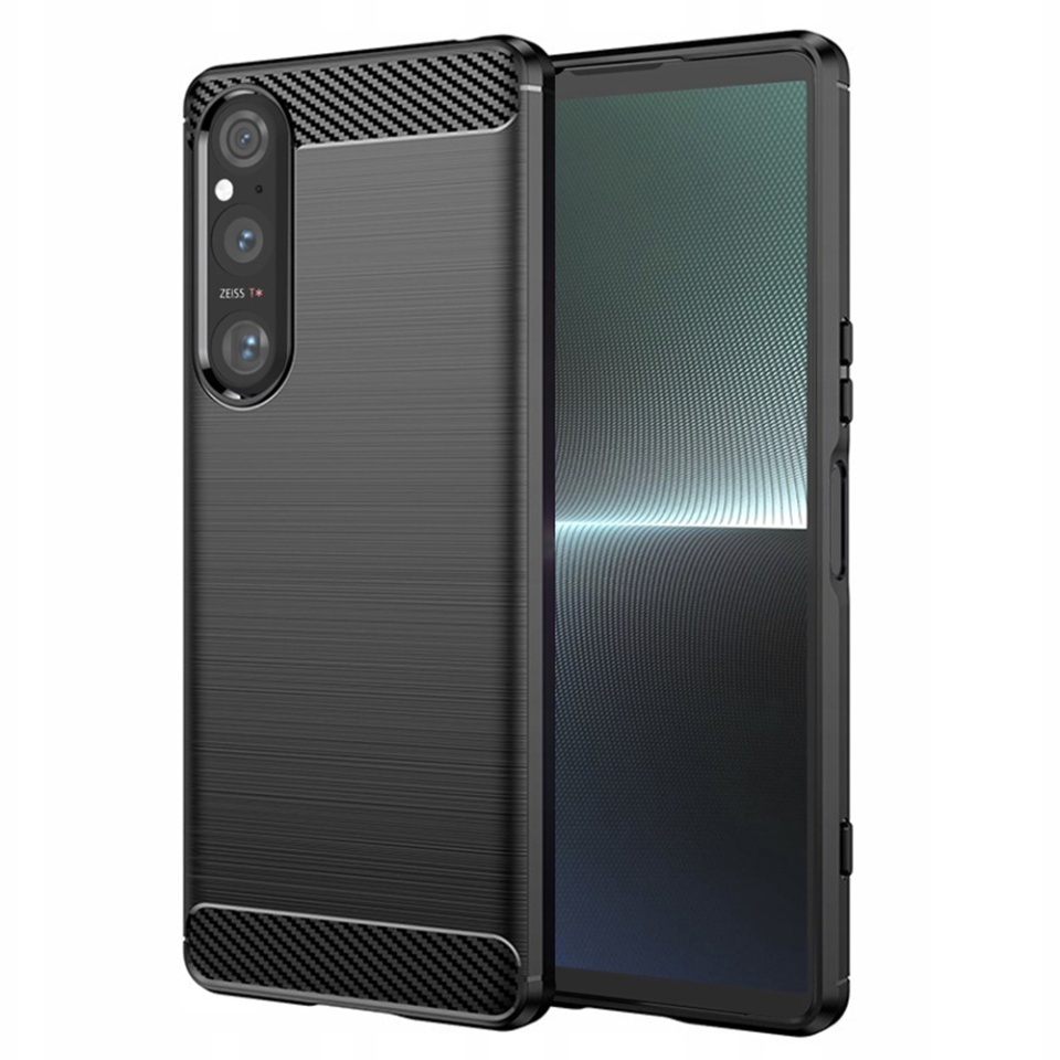Husa pentru Sony Xperia 1 V, SKYDDAR INNOVATION, Carbon Silicone, din Silicon Slim, cu textura Fibra Carbon, set cu sticker, Negru
