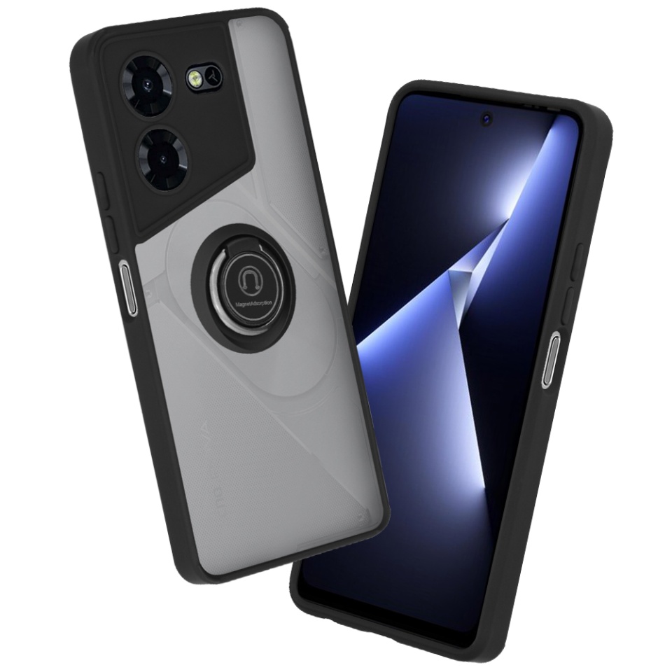 Husa pentru Tecno Pova 5 Pro, SKYDDAR INNOVATION, Glinth cu Inel Rotativ 360° Magnetic, Negru, set cu sticker