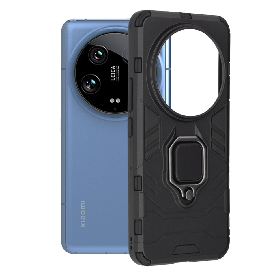 Husa pentru Xiaomi 14 Ultra, SKYDDAR INNOVATION, Silicone Shield, cu Inel Magnetic, Antisoc, set cu sticker, Negru