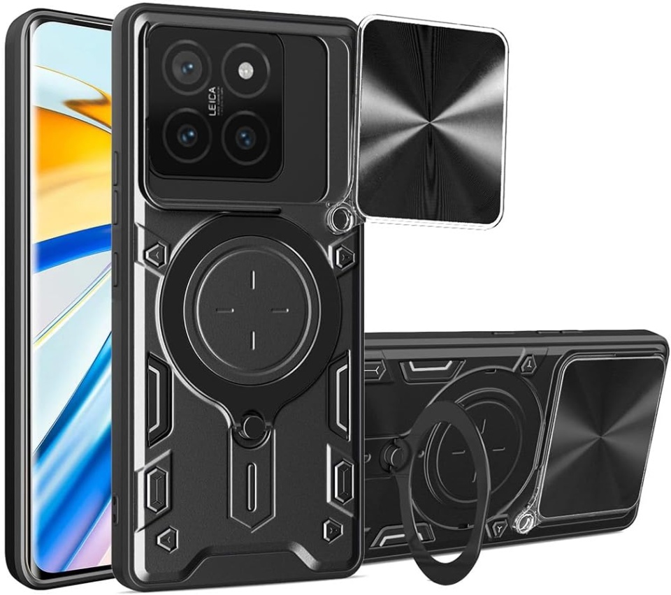 Husa pentru Xiaomi 14T, cu inel magnetic si suport ajustabil, protectie completa camera, SKDR SafeCover - Negru