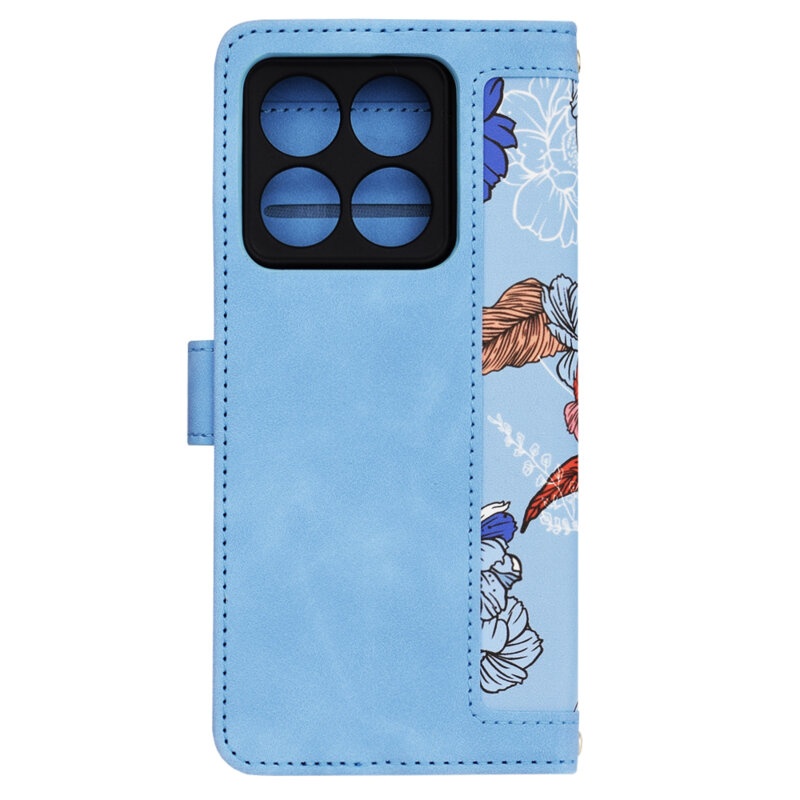 Husa pentru Xiaomi 14T din Piele Ecologică cu Design Floral, Protecție 360°, Stand Integrat, Buzunare pentru Carduri, SKDR Floral Wallet - Bleu - 3 | YEO