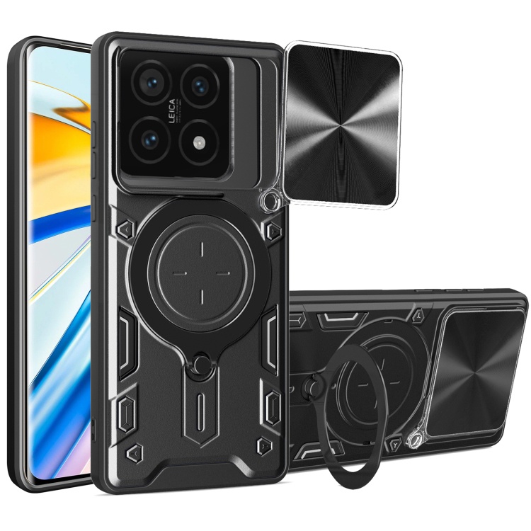 Husa pentru Xiaomi 14T Pro, cu inel magnetic si suport ajustabil, protectie completa camera, SKDR SafeCover - Negru