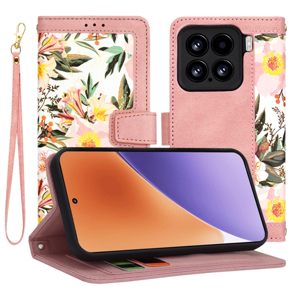 Husa pentru Xiaomi 15 din Piele Ecologică cu Design Floral, Protecție 360°, Stand Integrat, Buzunare pentru Carduri, SKDR Floral Wallet - Roz