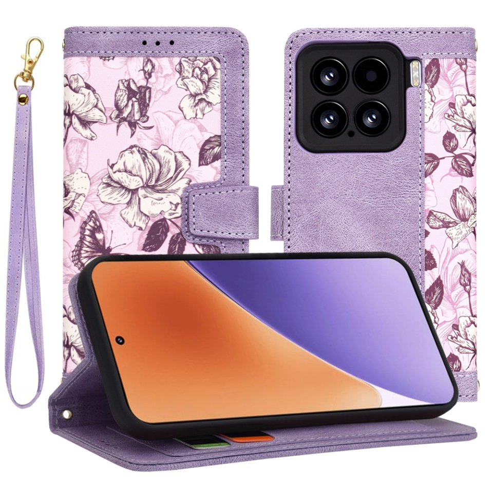Husa pentru Xiaomi 15 din Piele Ecologică cu Design Floral, Protecție 360°, Stand Integrat, Buzunare pentru Carduri, SKDR Floral Wallet - Mov