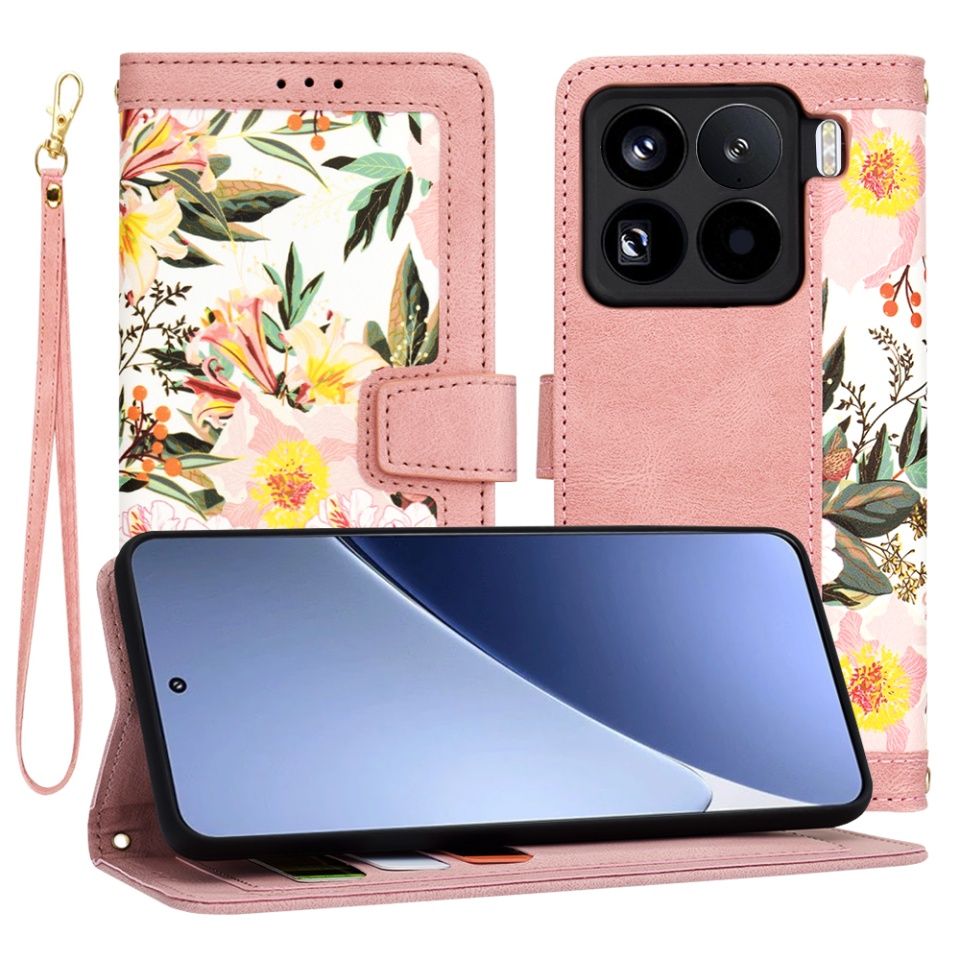 Husa pentru Xiaomi 15 Pro din Piele Ecologică cu Design Floral, Protecție 360°, Stand Integrat, Buzunare pentru Carduri, SKDR Floral Wallet - Roz