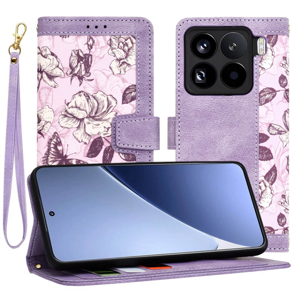 Husa pentru Xiaomi 15 Pro din Piele Ecologică cu Design Floral, Protecție 360°, Stand Integrat, Buzunare pentru Carduri, SKDR Floral Wallet - Mov