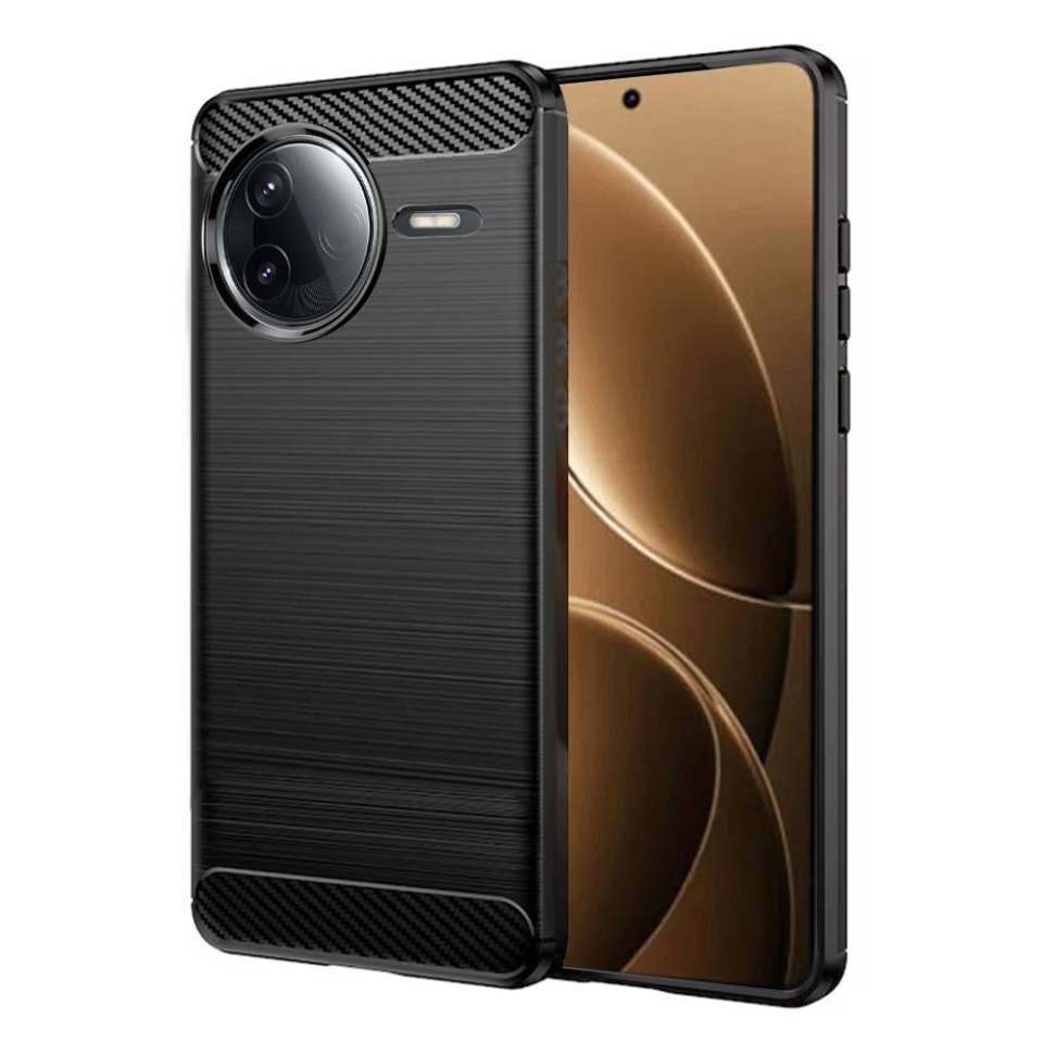 Husa pentru Xiaomi Poco F7 Pro din Silicon Premium, Slim, cu textura Fibra Carbon cu sticker - Negru