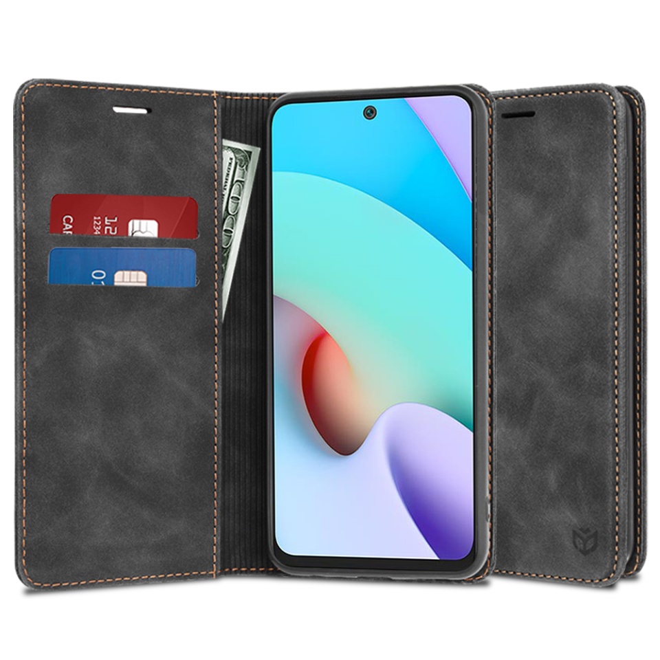 Husa pentru Xiaomi Redmi 10 / Redmi 10 2022, SKYDDAR INNOVATION, Soft Wallet, tip Carte din piele Eco Premium, cu Portofel Interior, Negru, set cu sticker