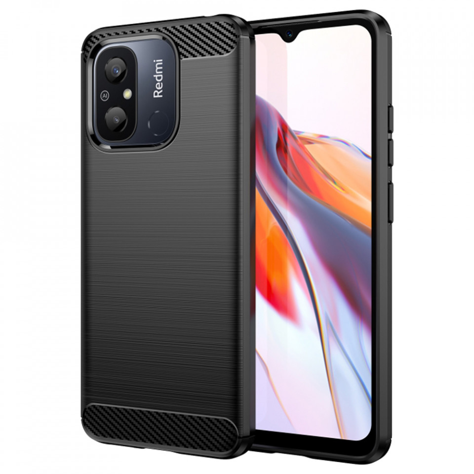 Husa pentru Xiaomi Redmi 12C din silicon, Slim, cu textura Fibra Carbon - Negru